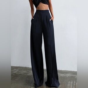 Commense Oversized Satin Wide Leg Dress Pants in Navy Size M
